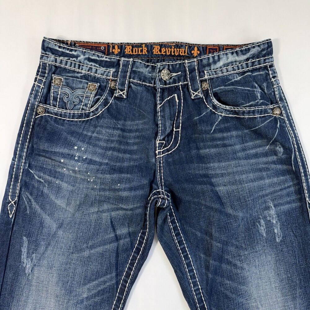 Rock Revival Mason Jeans Sz 33 Blue Distressed Bootcut Denim Y2K Grunge Festival - Picture 3 of 13